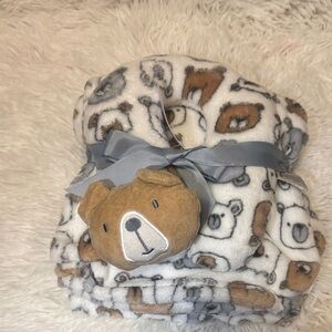 Cozy Bear Pattern Kids Blanket with Plush Toy